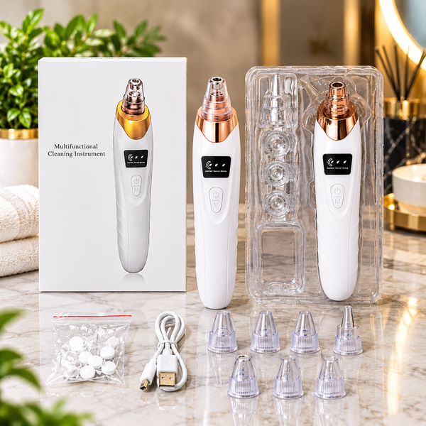 A white multifunctional facial cleansing and beauty device shown with its retail box, clear plastic packaging, multiple interchangeable nozzle tips, a USB charging cable, and small accessory bags on a marble countertop with decorative plants and bathroom props in the background.